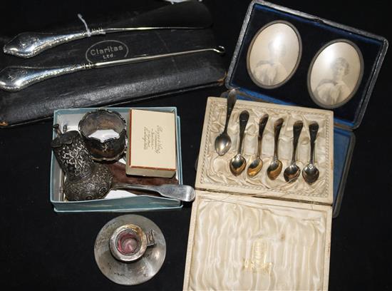 A Georgian silver caddy spoon, a similar preserve spoon, a pair of 15ct gold studs and sundries,